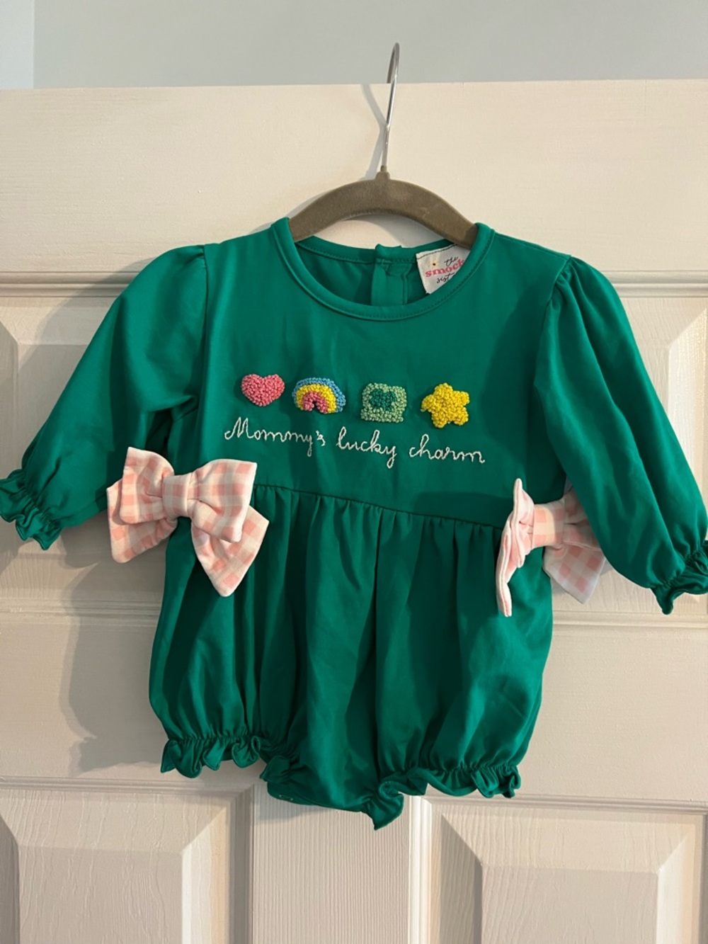 Lucky charm Green Baby Bubble Romper with Pink Bows